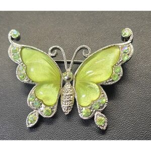 Unbranded Butterfly Brooch Pin Green Enamel Rhinestone Silver Tone Excellent 2"